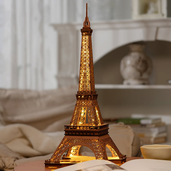 Rolife Night of the Eiffel Tower 3D Wooden Puzzle - Miniature Model of Paris Landmark with LED Lights (TGL01)